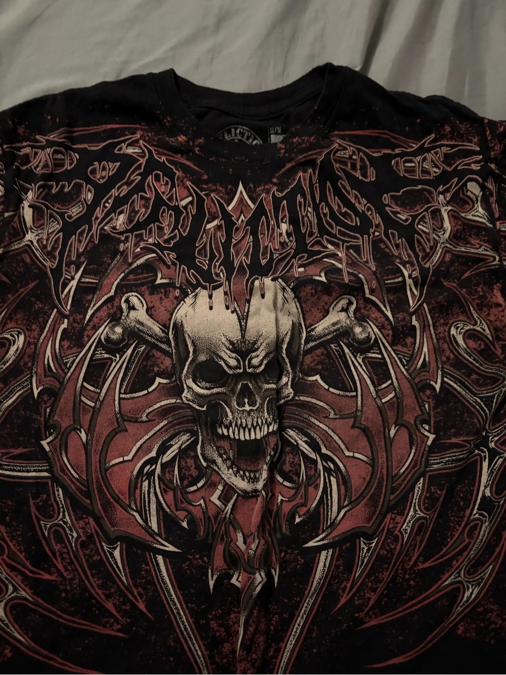 Affliction Men's Black Skull Graphic Tee with Red Accents